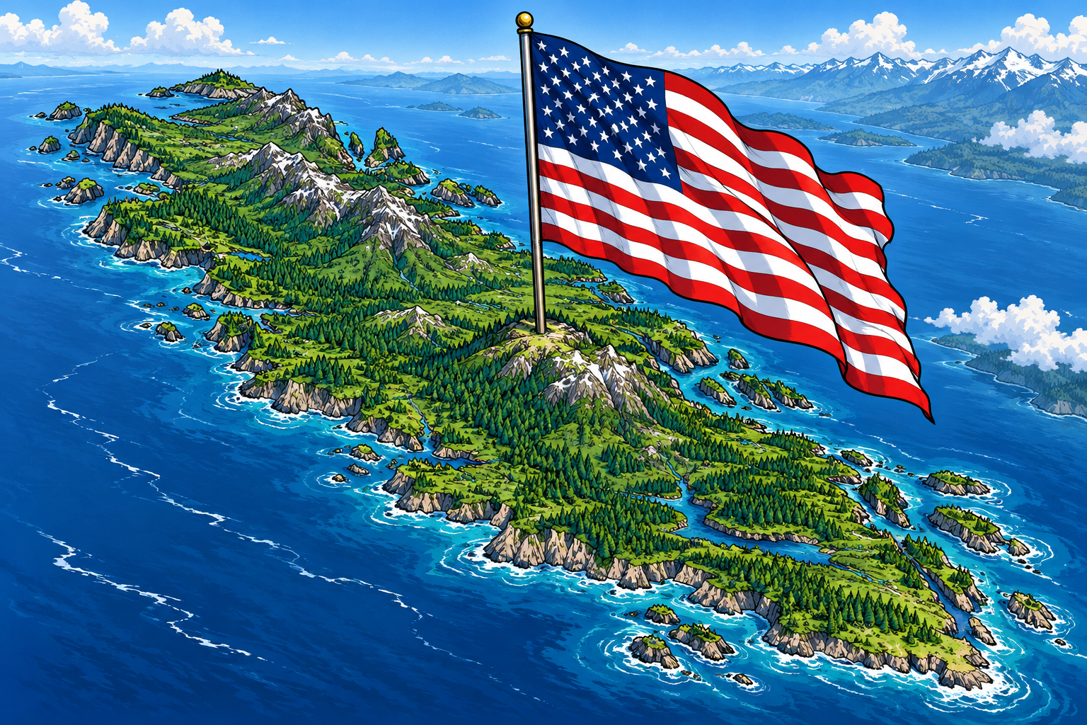 Cartoon of Vancouver Island with a giant American flag.